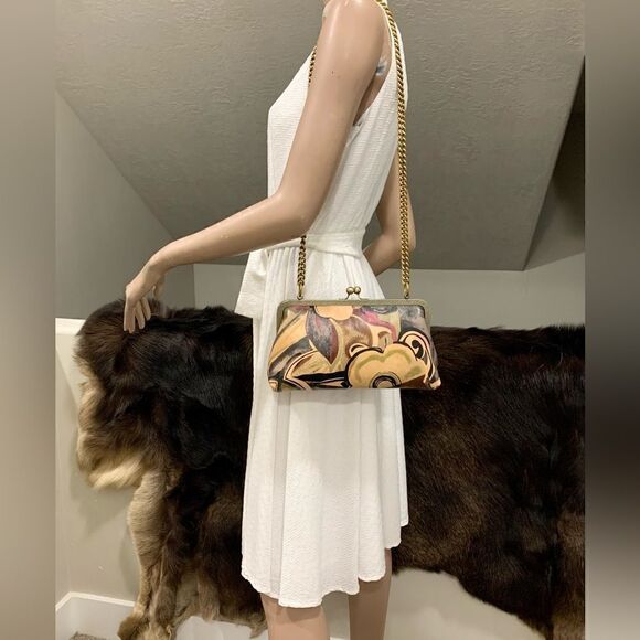 Abstract Print Cowhide Handmade Vintage Style Kisslock Clutch Bag, Crossbody - Picture 7 of 16